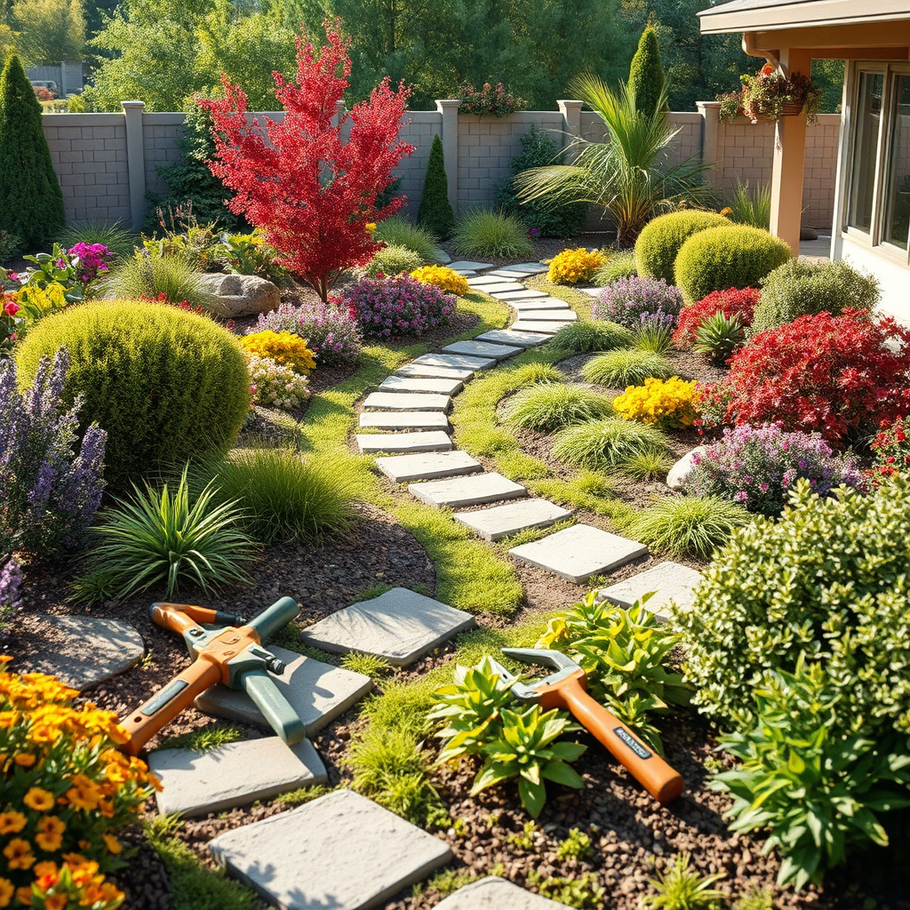 Create a captivating design image featuring a landscaped garden setup, showcasing an array of colorful plants, shrubs, and decorative stone pathways. The environment should be bright and inviting, reflecting careful planning and attention to aesthetics. Include tools of the trade subtly positioned within the scene. The image must articulate the harmony and appeal of the landscape design, captured in high-quality detail.