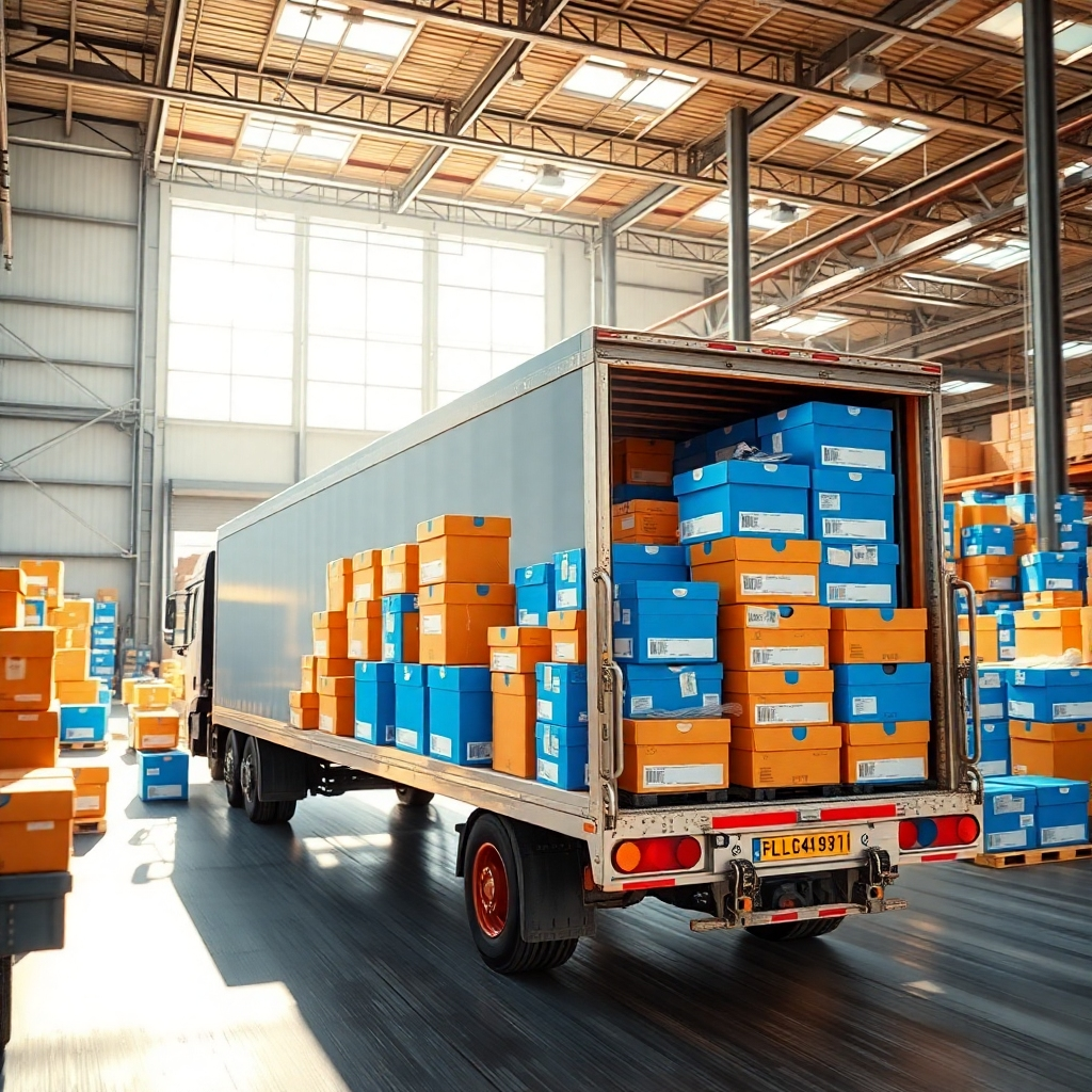 Create a dynamic image representing a modern shipping warehouse bustling with activity, focusing on a delivery truck loaded with brightly colored boxes of shoes. Capture this scene in a wide-angle perspective, enhancing the sense of movement and efficiency. Use daylight sunlight streaming through large windows to illuminate the space, creating a cheerful and efficient atmosphere. The color palette should include fresh whites and vibrant blues, symbolizing reliability and speed. Include details such as shipping labels and employees actively loading packages. Highlight textures such as the glossy finish of the shoe boxes and the ruggedness of the delivery truck. The overall composition should reflect a sense of urgency and professionalism, rendered in ultra-high detail and 8K resolution to showcase the excitement of arriving packages.