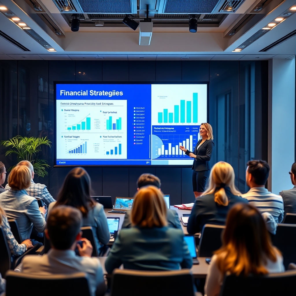 Create a dynamic image showing a businesswoman confidently presenting financial strategies on a large screen in a modern conference room filled with engaged listeners. The lighting should be bright and focused on the screen, highlighting the information being shared. Use contemporary decor and a color scheme of blues and greens to convey professionalism and innovation. Detailed props like charts, graphs, and digital devices should be included to emphasize the strategic aspect of the discussion. Ensure it feels energizing and forward-thinking.