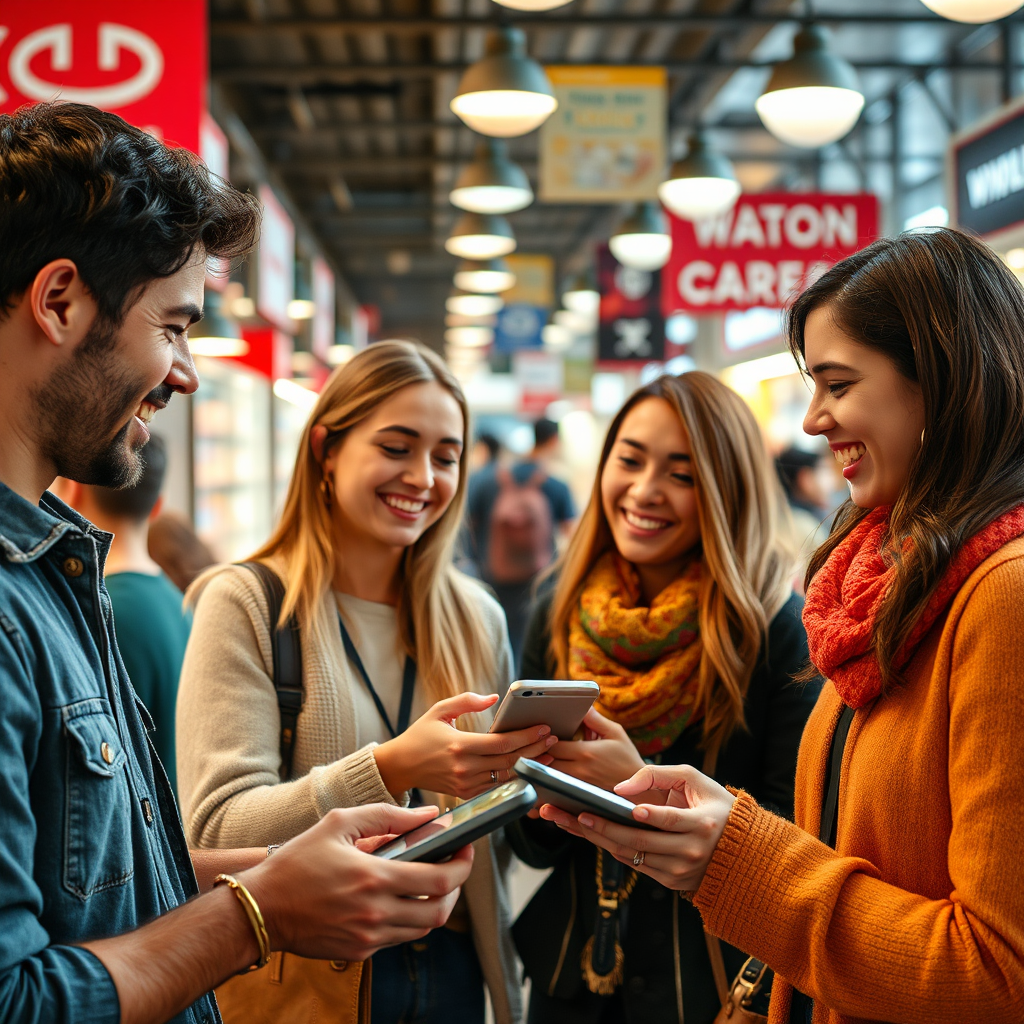 Create a dynamic scene of a bustling marketplace where consumers and retailers are engaging in seamless transactions through digital devices. The focus should be on the joy and satisfaction on their faces, with vibrant lighting and a diverse color palette showcasing interaction and engagement.