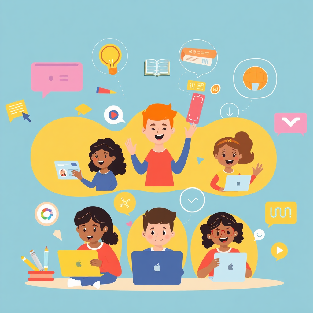 Create a friendly, engaging image of various learners interacting with digital interfaces that adapt to their learning styles. Each learner could be surrounded by tools that represent different approaches, like visual, auditory, or kinesthetic methods. Use a warm, colorful palette to portray inclusivity and excitement in learning. The composition should feel dynamic, indicating adaptability with modern aesthetics.