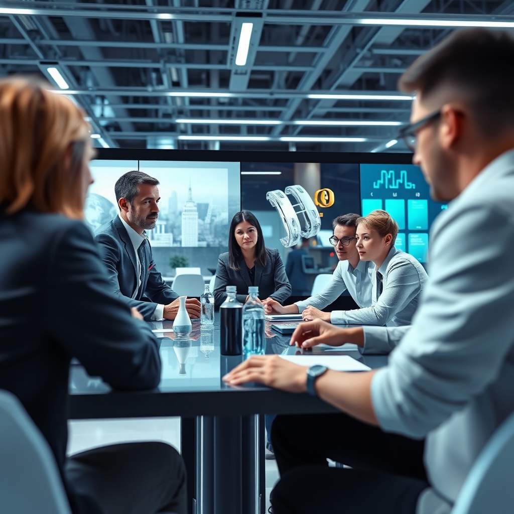 Create a futuristic image depicting a virtual meeting between American manufacturers and global retailers. Arrange digitally rendered products in an interactive online platform, showing diverse participants engaged in discussions. The lighting should be bright with a tech-inspired color palette of blues and greens. Use a direct camera angle to capture the dialogue and the modern interface clearly. The image quality should be photorealistic, in 8K resolution.