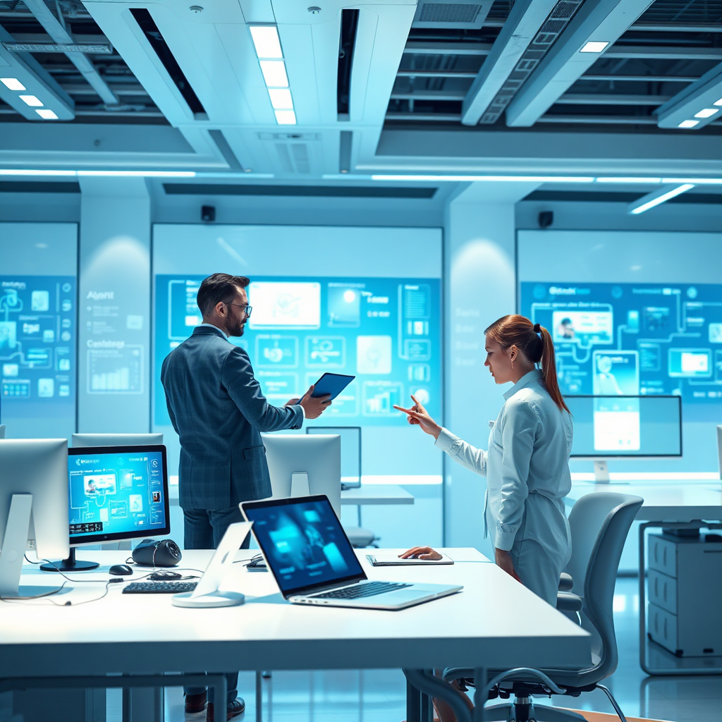 Create a futuristic workspace image showcasing professionals using various digital tools that represent transformation in business processes. The setting should be bright and clean, with a high-tech atmosphere and interactive screens showcasing applications. A color palette of cool blues and whites along with a sleek design enhances the modern feel. Technical specs: 4K resolution, high quality.