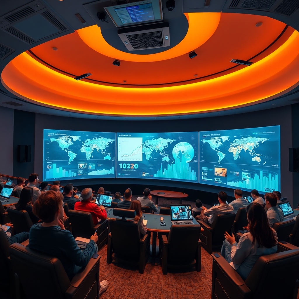 Create a high-tech virtual auditorium setting where participants engage in interactive discussions. Include holographic displays showing market trends and cultural information. The lighting should be soft yet vibrant, drawing attention to the interaction. A panoramic view can showcase the depth of engagement across the virtual space, ensuring clarity at high resolution.