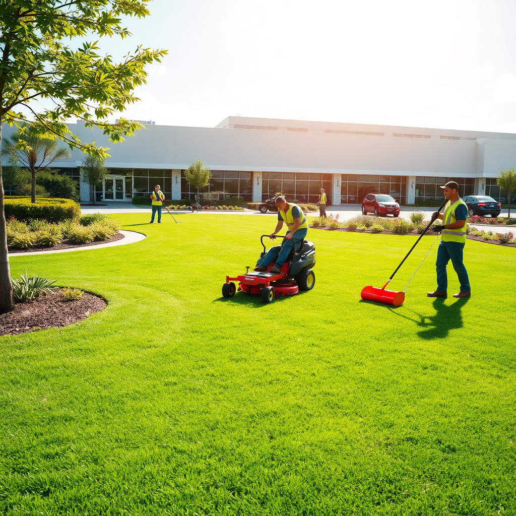 Create a photo of a professional lawn care team working on a large commercial property, ensuring proper maintenance. The image should feature various tasks like mowing and trimming, set on a sunny day to evoke positivity and reliability. Ensure a balanced composition that includes both the team working and areas of the freshly manicured lawn. The photograph should be vibrant and clear, with meticulous detail in 4K resolution.
