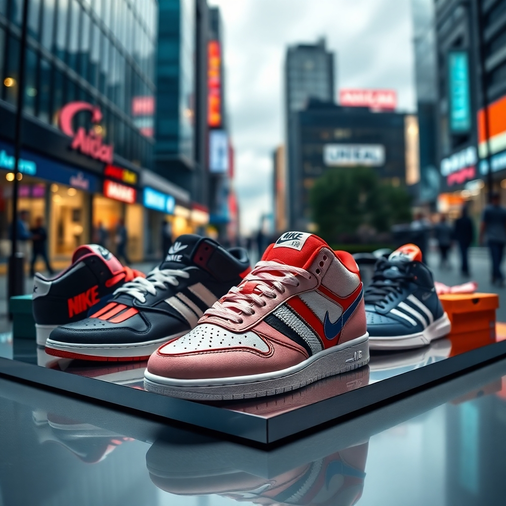Create a photorealistic image showcasing a collection of exclusive limited edition sneakers by top brands like Nike and Adidas. The composition should center on a sleek display featuring the shoes in varied positions, highlighting their unique designs and color schemes. Use soft diffused lighting that enhances the texture of the shoes, with a palette that mixes vibrant colors like deep blues, bright reds, and striking blacks to create an energetic mood. Capture the scene from a low angle to emphasize the shoes' height and style. Incorporate a subtle backdrop of a bustling urban landscape, blurred to enhance focus on the shoes. Add props like shoe boxes and small accessories that reflect the premium quality of the products. The overall image should be hyperrealistic, with a resolution of 8K, emphasizing intricate details like stitching and materials.
