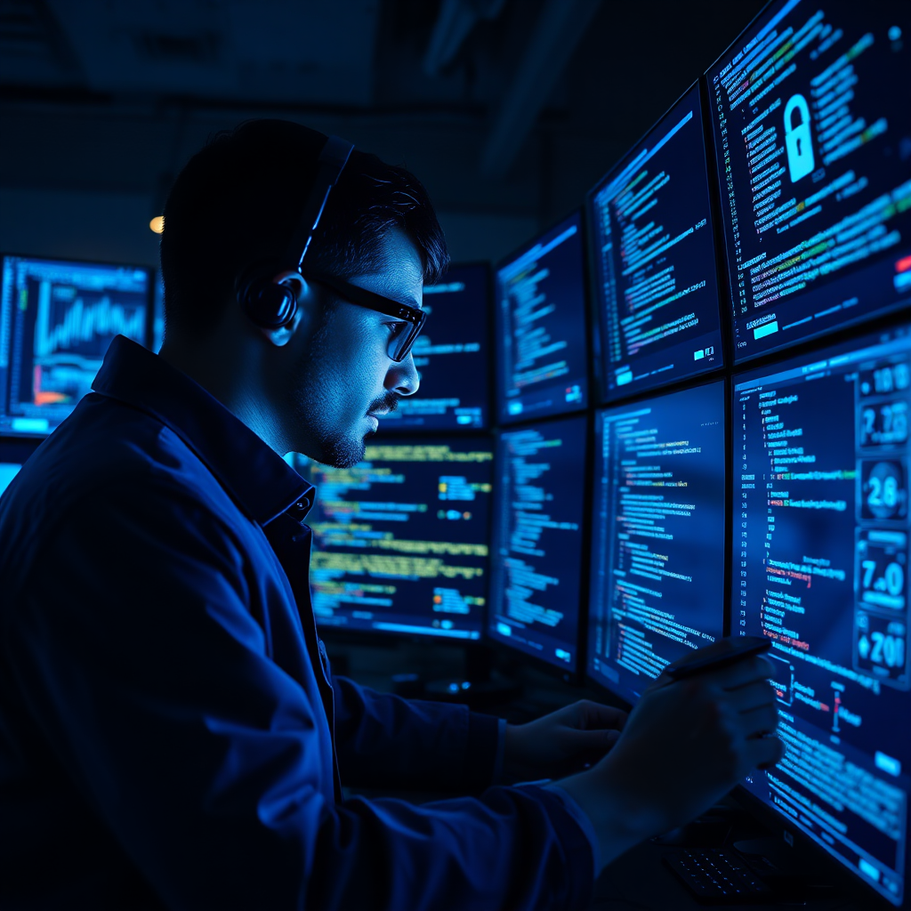Create a photorealistic image that features a cybersecurity expert analyzing security data on multiple screens. The environment should be dimly lit, focusing on the glowing data on screens. Use a blue color palette to signify technology and integrity, while showcasing intricate code and security algorithms on the displays.