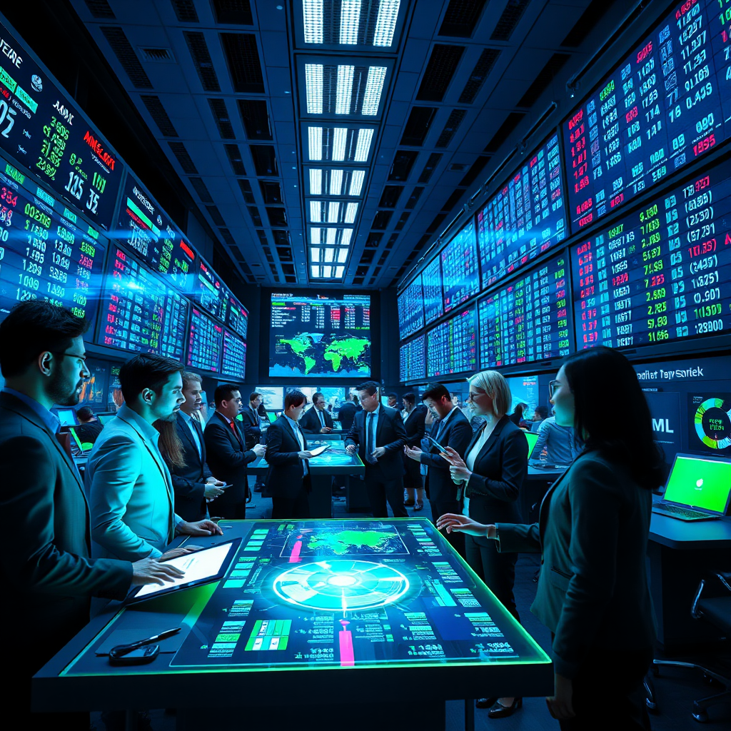 Create a photorealistic image representing M2BNL.com, the world's first digital wholesale broker network powered by blockchain and AI. The composition should feature a busy global trading floor, with digital screens displaying stock prices and cryptocurrency values. The lighting should be bright with glowing screens dominating the scene, showcasing a high-tech environment. A diverse group of professionals in business attire should be engaging with holographic interfaces, representing the fusion of technology and finance. The color palette should include blue and green tones, evoking trust and innovation. Style references include modern tech environments. Technical specs: 8K resolution, hyperrealistic.