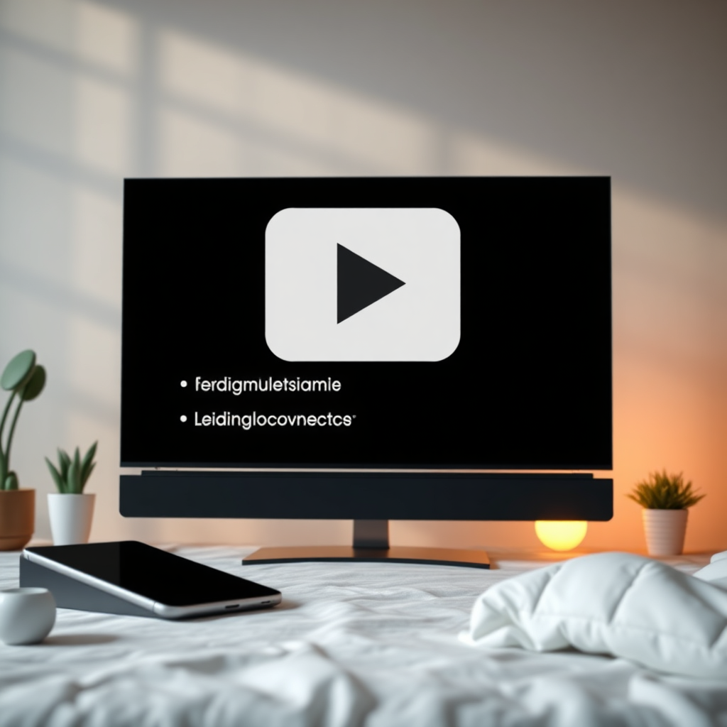 Create a photorealistic image demonstrating video summarization, featuring a video play button morphing into concise bullet points on a screen. The scene should have a soft backdrop with modern tech elements to emphasize ease and efficiency in content digestion. Warm lighting should make the image inviting, reflecting a user-friendly experience.