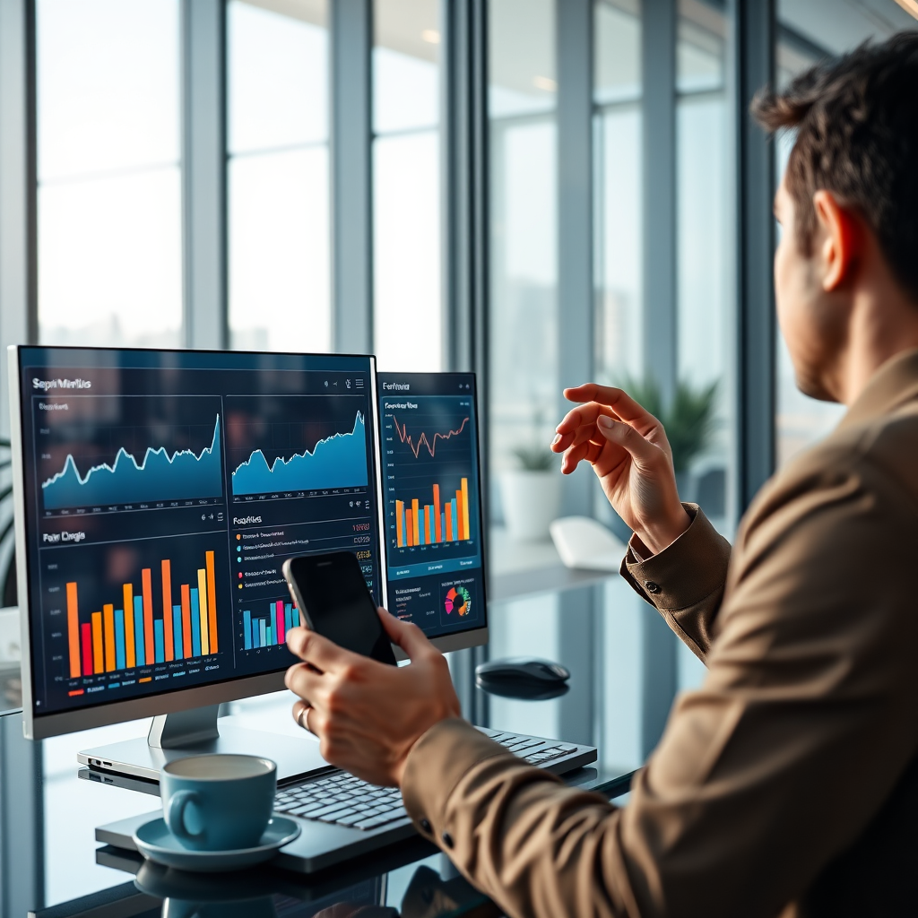 Create a photorealistic scene of a business analyst reviewing performance metrics on a high-tech dashboard. The composition should show various digital metrics and graphs in vivid colors, with a sleek modern office design in the background. Soft, natural lighting enhances the professional environment, while reflections on glass surfaces add depth. Include props like smartphones and coffee cups to bring a touch of real-life into the image. Technical specs: 4K resolution, high quality.