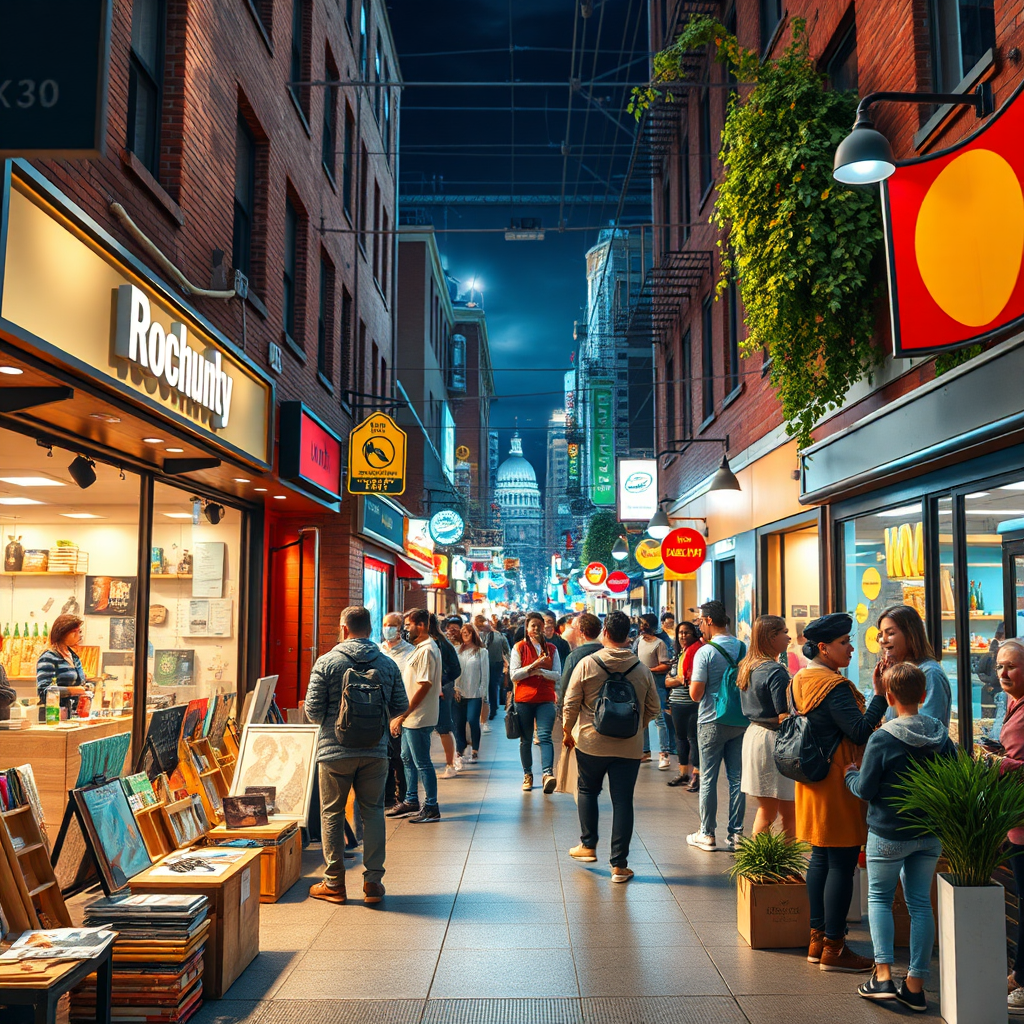 Create a photorealistic, ultra-high quality header image for iRocLocal360.com showcasing a vibrant urban landscape bustling with activity. The foreground features local businesses, artists in action, and educators engaging with their communities. Utilize dynamic lighting that highlights the interactions and creates a warm, inviting atmosphere. The color palette should be bright and colorful, emphasizing a sense of community and connection. Use a slightly elevated camera angle to capture the depth of the scene, with texture details on the storefronts and lively crowd. Include props like art supplies, educational materials, and local products to symbolize the interactive and engaging essence of RocLocal360™. Aim for an 8K resolution and hyperrealistic quality.