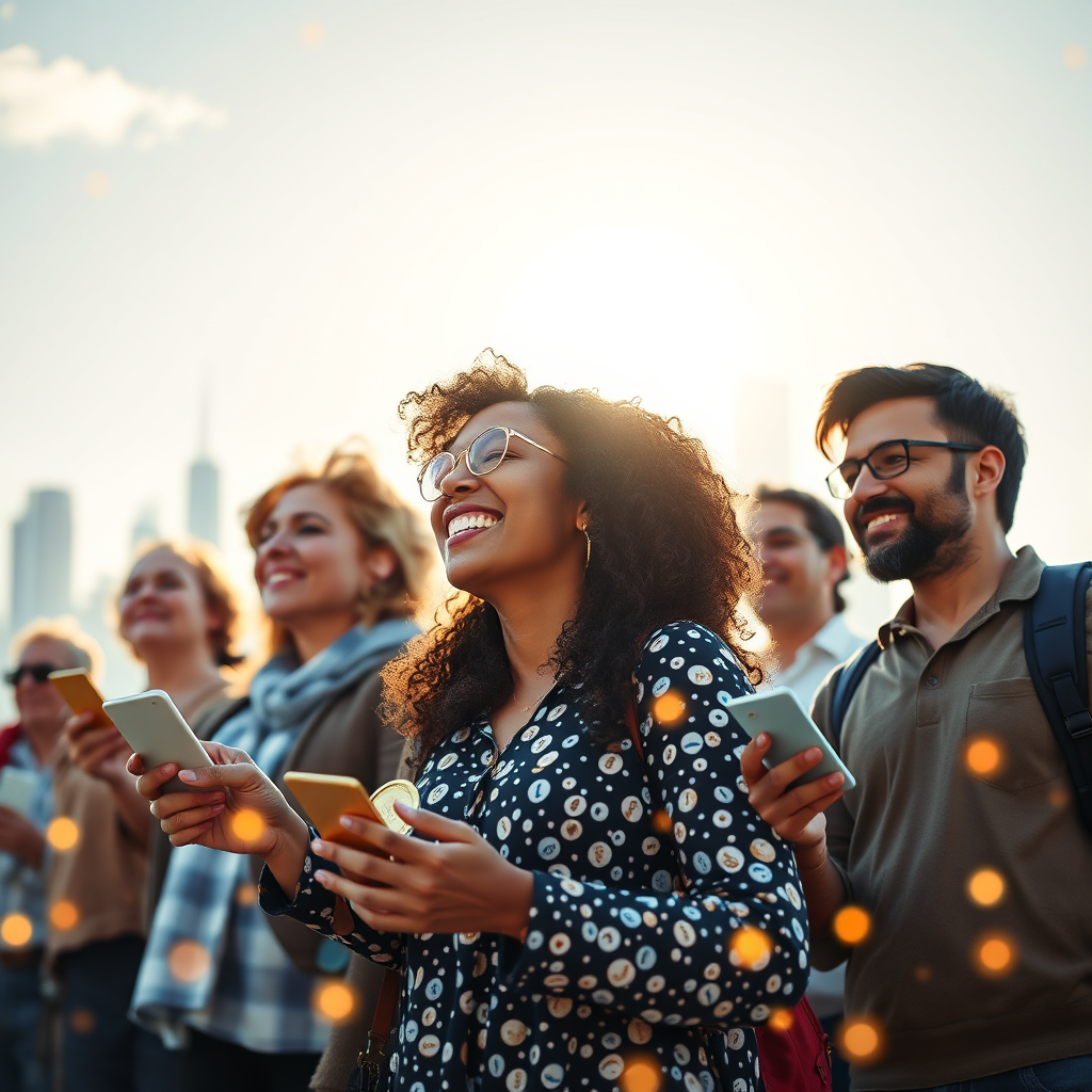 Create a photorealistic, ultra-high quality header image for iCoinFi.com showcasing a diverse group of people engaging with blockchain technology. The scene should include bright, uplifting lighting, a harmonious color palette with gold, blue, and white tones, and a subtle background of city skylines and digital assets flowing into the foreground. Capture the essence of connection, community, and faith as individuals trade digital tokens with joy and purpose. Use a low-angle shot to evoke a sense of empowerment and positivity. Technical specs: 8K resolution, hyperrealistic.