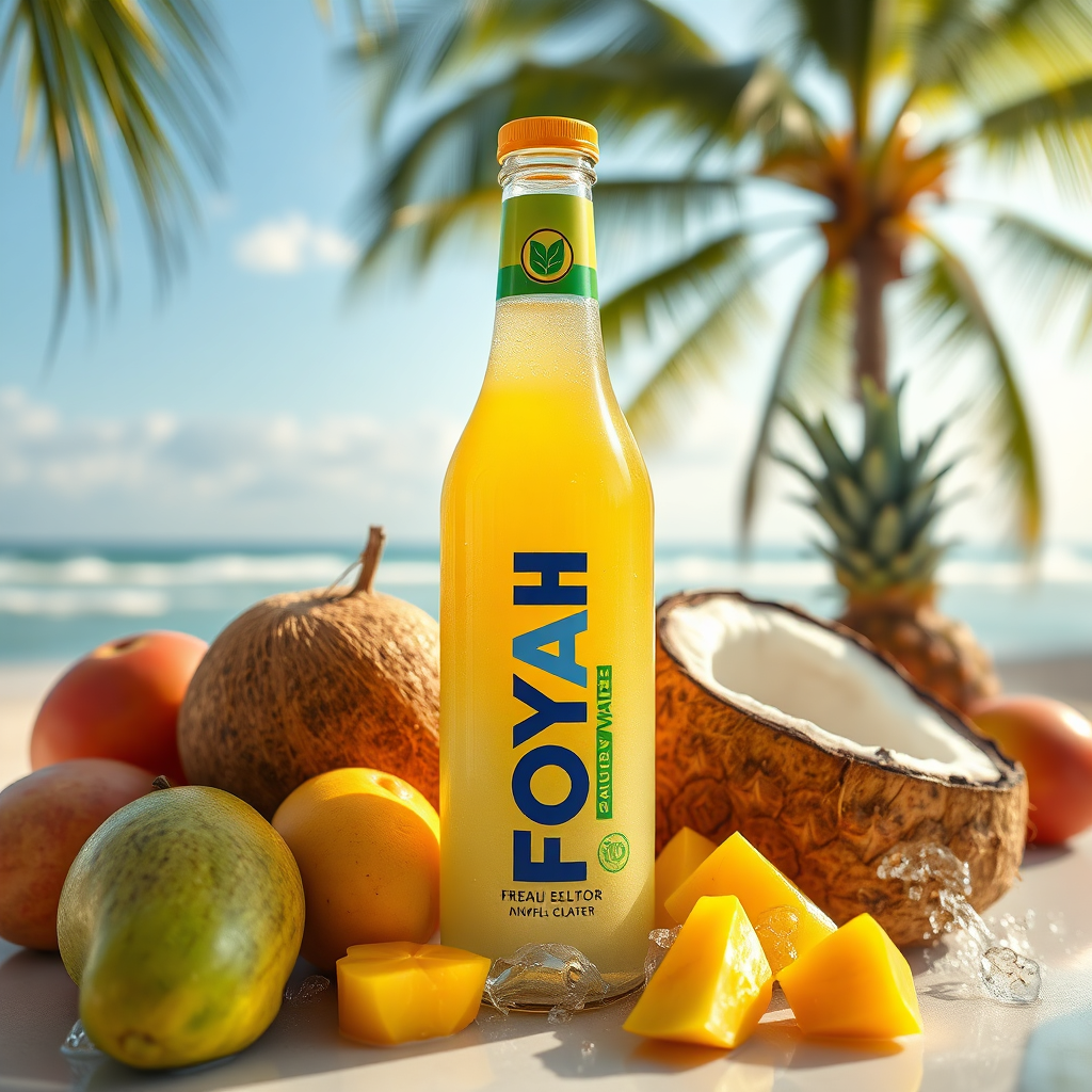 Create a photorealistic, ultra-high quality header image showcasing a vibrant bottle of FOYAH™ Drink surrounded by fresh coconut water, ripe soursop, and an assortment of tropical fruits like mangoes and pineapples. The composition should be bright and inviting, with soft, natural lighting that enhances the vibrant colors of the fruits. The background should include a serene tropical environment, perhaps with palm trees and gentle waves, creating a refreshing atmosphere. The camera angle should be slightly above the bottle, providing an enticing view. The texture details should emphasize the smooth, glossy surface of the bottle and the lush, juicy quality of the fruits. Aim for a hyperrealistic style in 8K resolution to capture every detail.