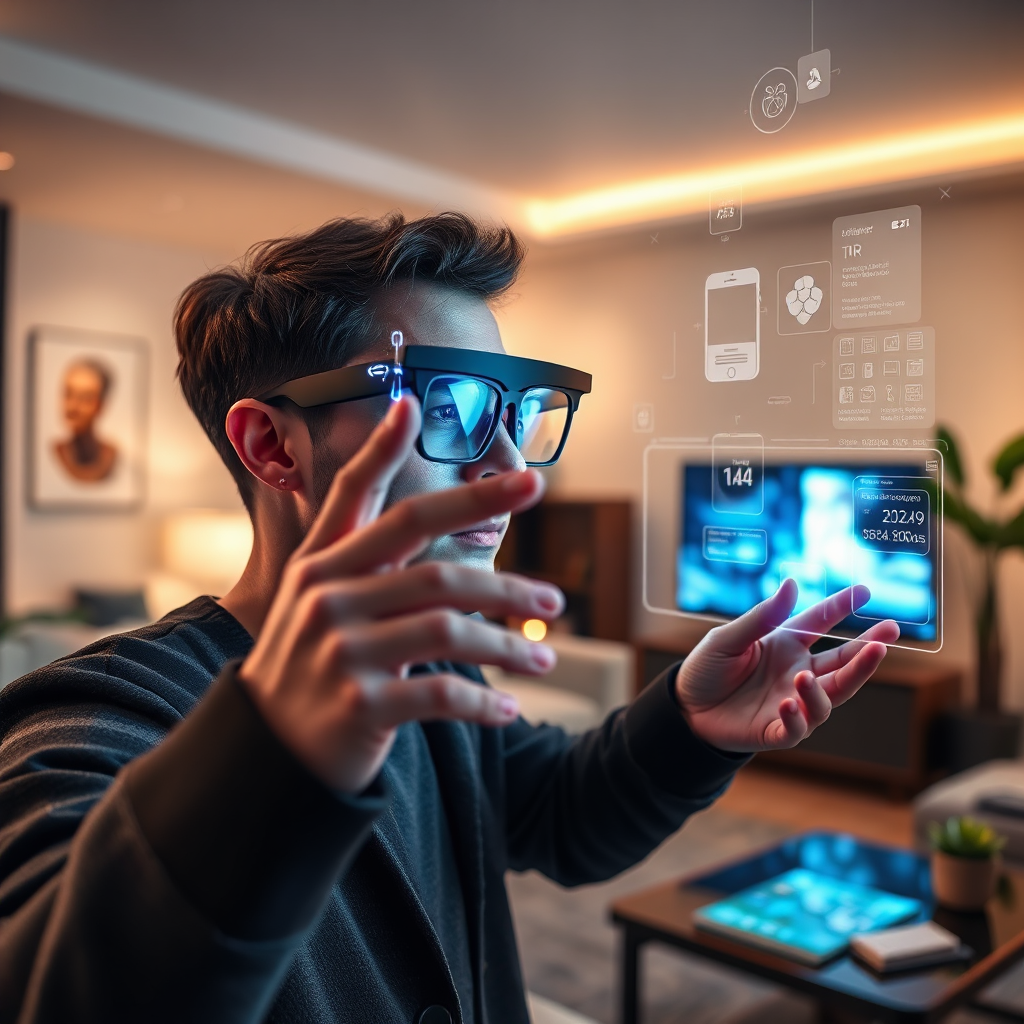 Create a striking image depicting a user customizing their AR environment using intuitive gestures and voice commands. Include futuristic UI elements, layered in a visually appealing and engaging manner. The scene should be set against a modern living space, with controlled lighting focusing on the user and their smart glasses. Incorporate stylish visual elements to reflect personalization, enhancing the theme of creativity and ownership in the digital space.