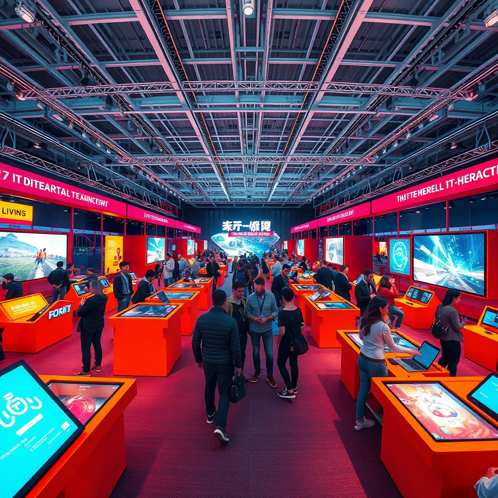 Create a striking visual showcasing a wide-angle view of a bustling digital exhibition space filled with interactive stations. Bright, engaging colors should dominate the scene, with clear visuals of participants enjoying the experiences. Focus on detailed textures of the digital displays and the ambiance of the venue.
