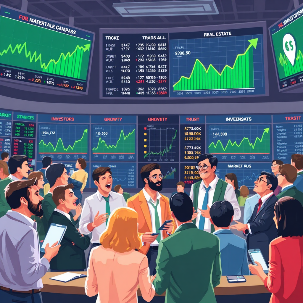 Create a stylized image depicting a vibrant market scene with a diverse group of investors engaging in discussions around stock tickers and real estate listings. Include a large digital display showing upward-trending stock graphs to illustrate market movement. The environment should feel energetic and optimistic, filled with enthusiastic expressions. The use of bold colors like green for growth and blue for trust should dominate the palette. This engaging setting needs to appear dynamic and realistic while maintaining a slightly artistic style.