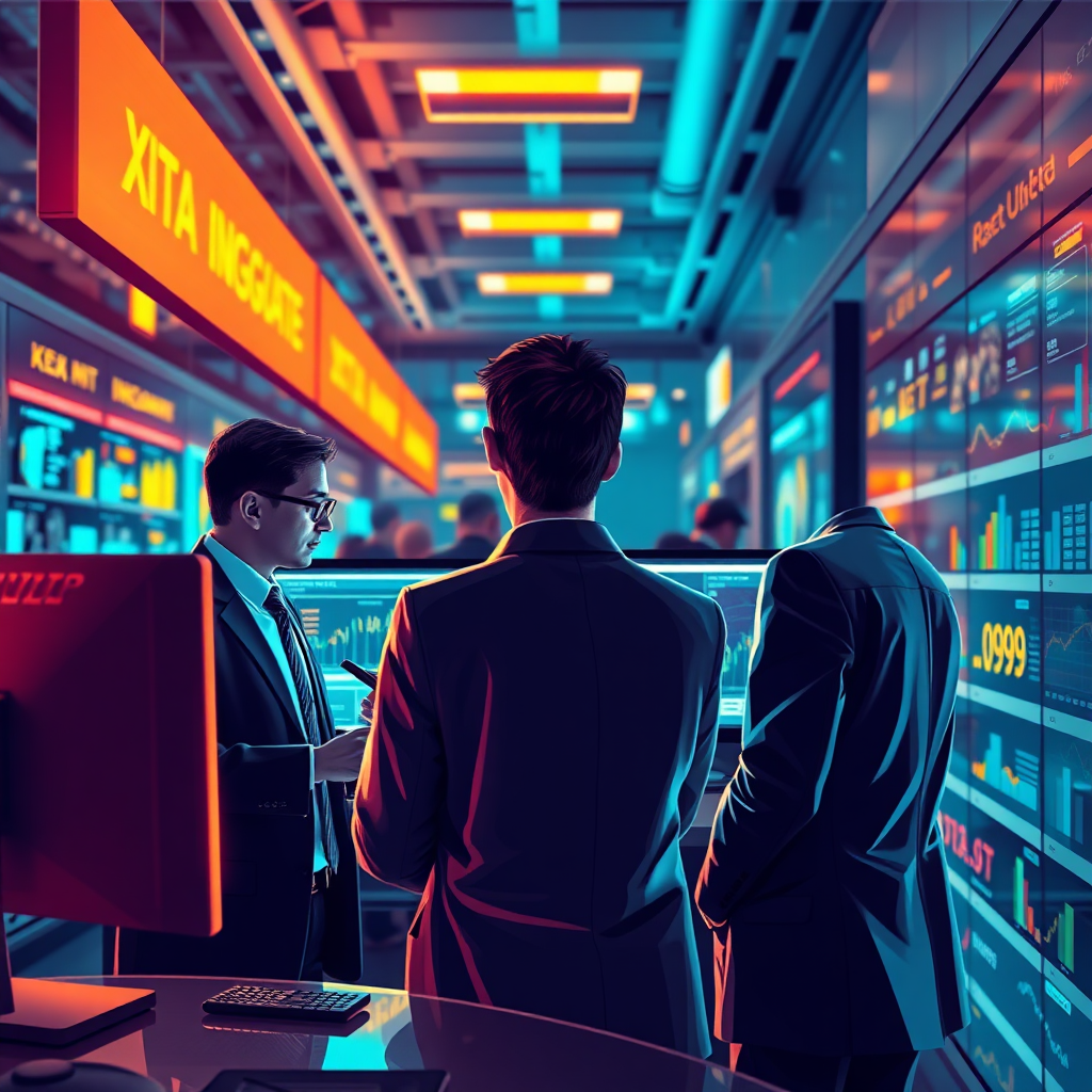 Create a stylized image depicting a seamless integration of AI within retail operations, showing brokers analyzing data on futuristic screens. Use a high-contrast color palette to establish a tech-heavy environment, with glowing visuals representing data flow and objectives being met.