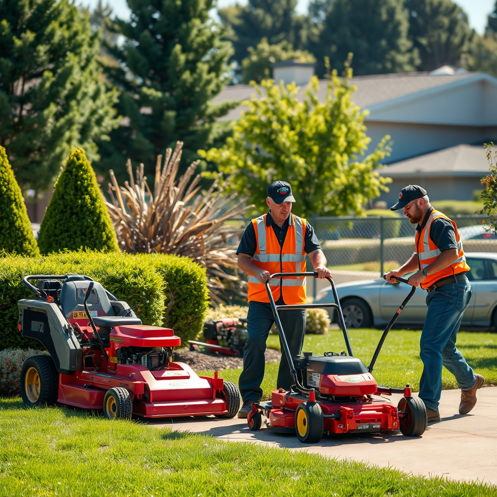 Create a symbolic image of a professional lawn care team in uniform, actively engaged in maintaining a large commercial property. Brightly sunlit conditions should highlight their meticulous work, showcasing tools like mowers and trimmers. Include elements of a well-kept environment contrasting with unkempt areas in the background, emphasizing the quality of service provided. The image should have a warm color palette to invoke feelings of trust and reliability, represented in 4K for clarity.