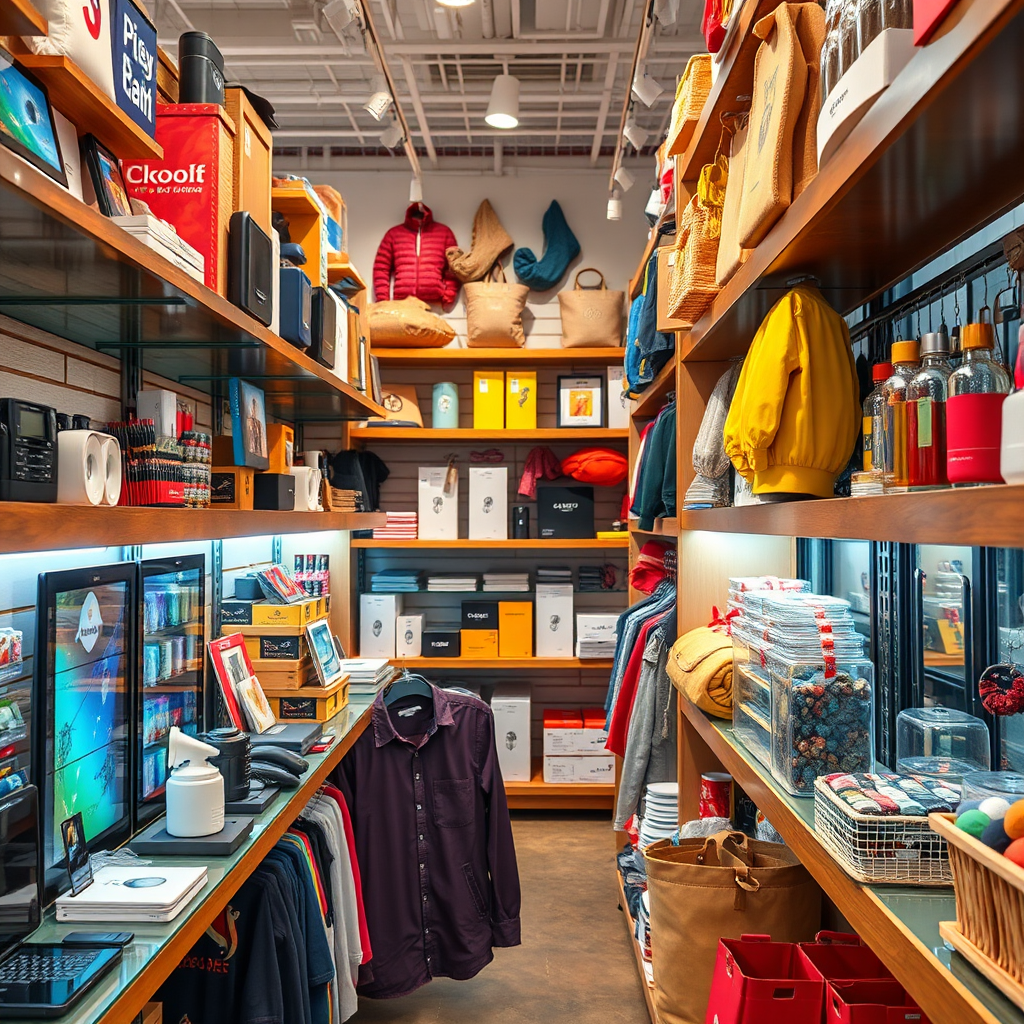 Create a vibrant and detailed image representing a wide array of U.S.-made products available on Market2BuyNow.com. Showcase products like electronics, clothing, and artisan goods elegantly arranged on shelves, with bright and natural lighting that brings out the textures. The color palette should include bright and engaging hues to attract attention. The camera should capture a close-up angle to emphasize product details, creating a lively shopping atmosphere. The final image should be photorealistic, demonstrating 8K clarity.