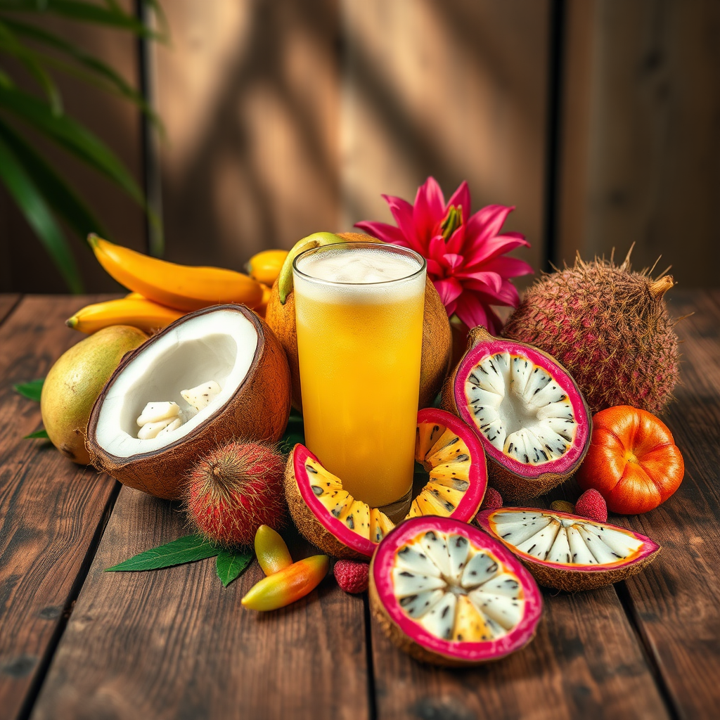 Create a vibrant arrangement featuring the key ingredients of FOYAH™ Drink, elegantly displayed on a rustic wooden table. Include fresh coconuts, ripe soursop, and an assortment of colored tropical fruits. Natural light should shine down from above, highlighting the freshness and juiciness of each fruit. Focus on texture, ensuring that the smoothness of the coconut and the spiky exterior of the soursop are captured beautifully. Aim for a colorful, lively composition in high-quality detail.