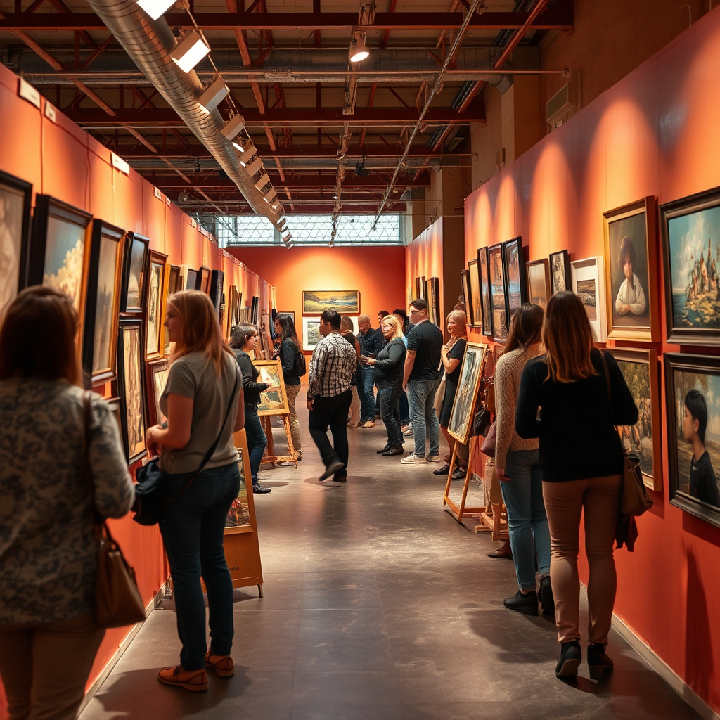 Create a vibrant art exhibition scene featuring local artists displaying their creations. Use rich colors and soft lighting to highlight artwork and engage with viewers. The photograph should represent textural details in the artworks and the ambiance of an art-centered event, with an eye-level camera perspective that accentuates community interactions.
