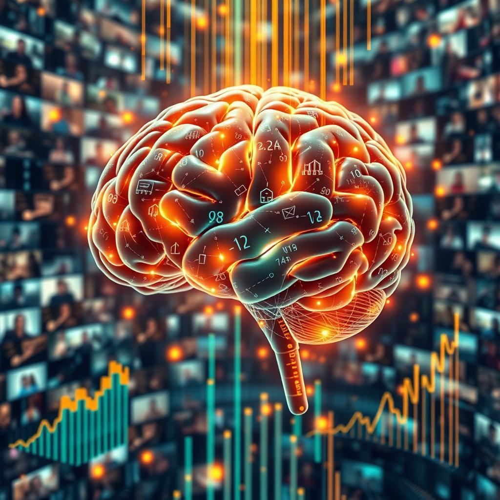 Create a visual metaphor where an AI brain is processing video content and pulling out key information as glowing data streams. The background should be filled with cascading video thumbnails and charts that illustrate extracted data. Use bright duotone colors to create an engaging atmosphere that represents knowledge extraction. The style should lean towards a high-tech visualization.