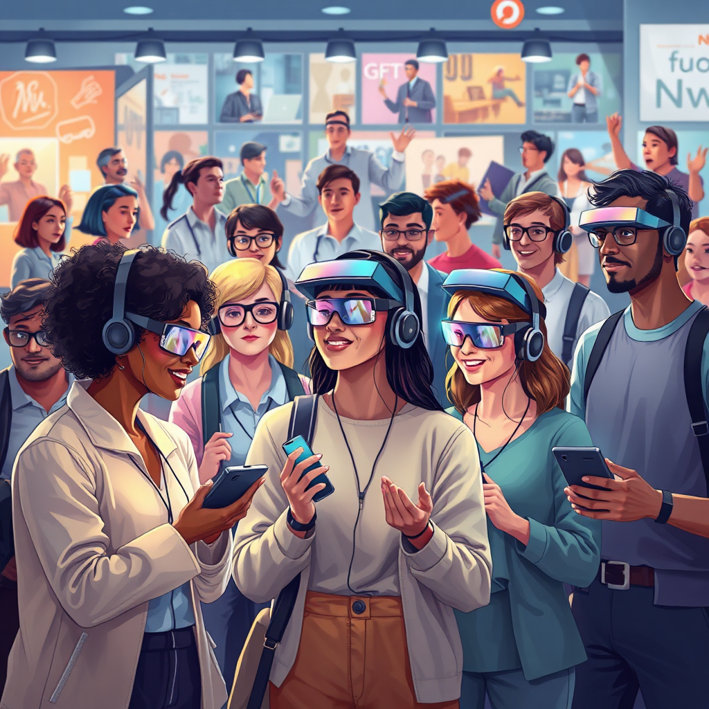 Create an engaging image illustrating a diverse group of people, each using Nu-Vizn wearables in different contexts like work, education, and leisure. The scene should be vibrant and lively, filled with a variety of backgrounds that show the versatility of wearables. Bright, ambient lighting will help set an enthusiastic mood that conveys innovation and accessibility. Use realistic textures that highlight the features of the wearables.