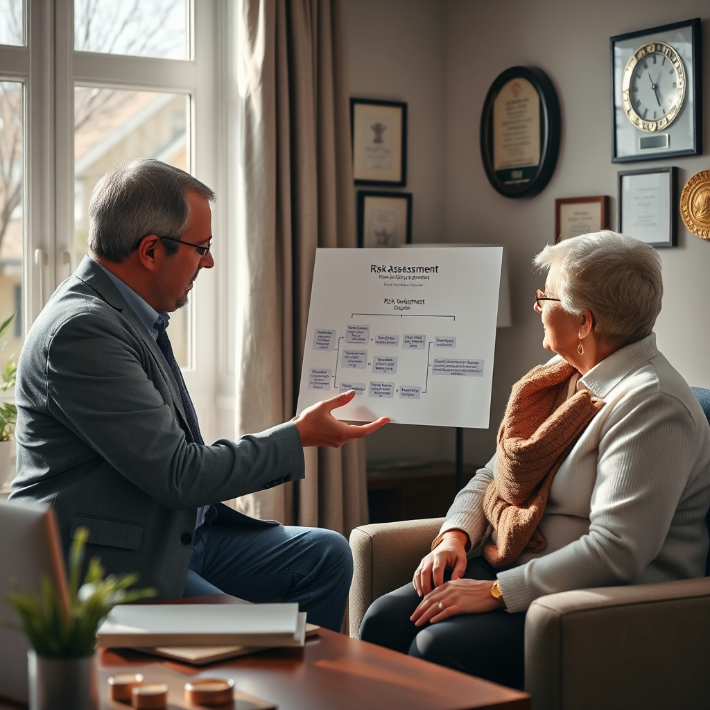 Create an engaging image of a financial advisor discussing risk management strategies with a couple in a cozy office environment. The advisor should be pointing to a flowchart illustrating risk assessment, with a window showing a secure neighborhood outside. The lighting should be soft and reassuring, creating a sense of trust. Incorporate elements of success such as diplomas or awards on the wall to emphasize expertise. The image must be photorealistic and convey a sense of safety and preparedness.