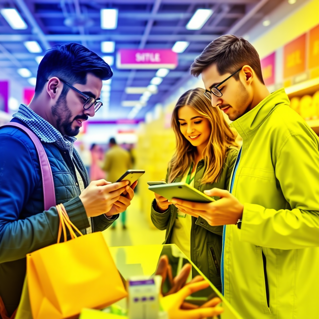 Create an engaging image that showcases a retail transaction in progress, with customers interacting on smartphones and tablets. The scene should radiate energy and efficiency, utilizing bright colors to convey a modern shopping experience.