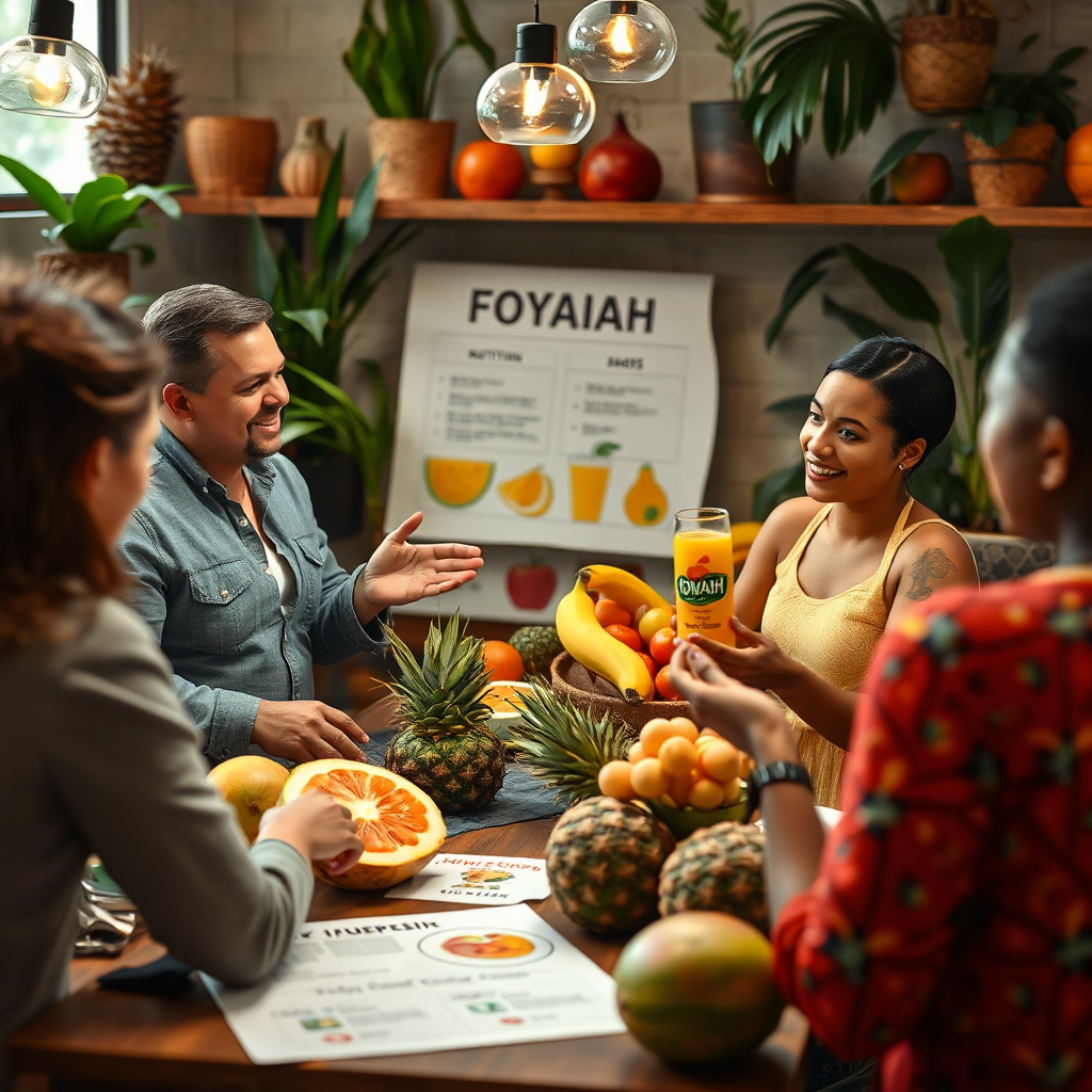Create an engaging scene featuring a nutritionist discussing the benefits of FOYAH™ Drink, surrounded by tropical fruits and visual aids. The setting should feel warm and inviting, promoting a sense of wellness and community. High-quality details should capture the enthusiasm and knowledge shared among participants in the scene.