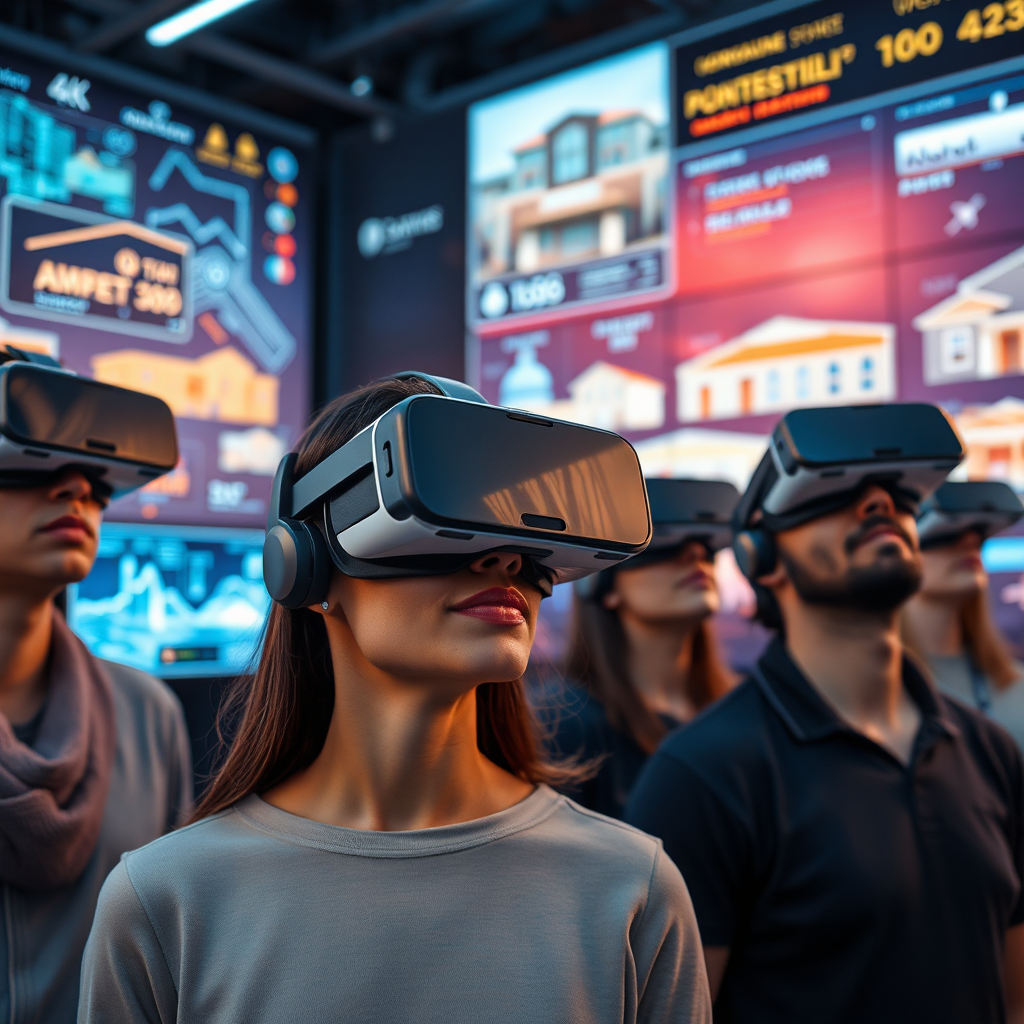 Create an engaging visual that shows a diverse group of people using VR headsets in a high-tech digital space. The environment should feature digital screens displaying complex data and representations of real estate properties, along with interactive features. Use cool lighting to enhance the tech-savvy atmosphere. A close-up camera angle can capture expressions of awe on users' faces, with a 4K focus on all details.