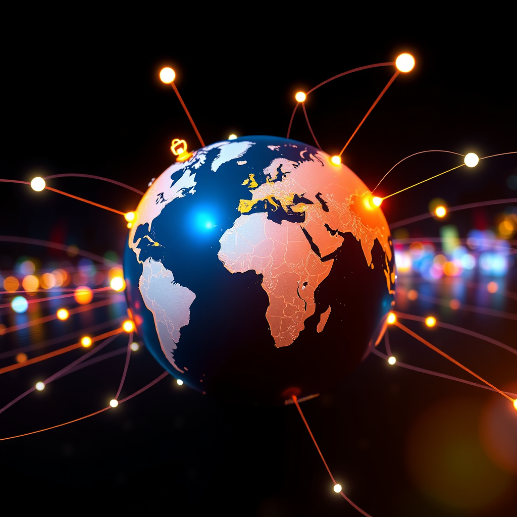 Create an image depicting a globe connected with digital transaction lines. Stylize the globe to represent various international markets, showcasing icons of American-made products. Use a nighttime background with glowing light trails representing commerce activity around the globe. The colors should be vibrant with a dark backdrop to highlight the connectivity theme. Technical specs should ensure high resolution, allowing for a detailed and engaging visual.