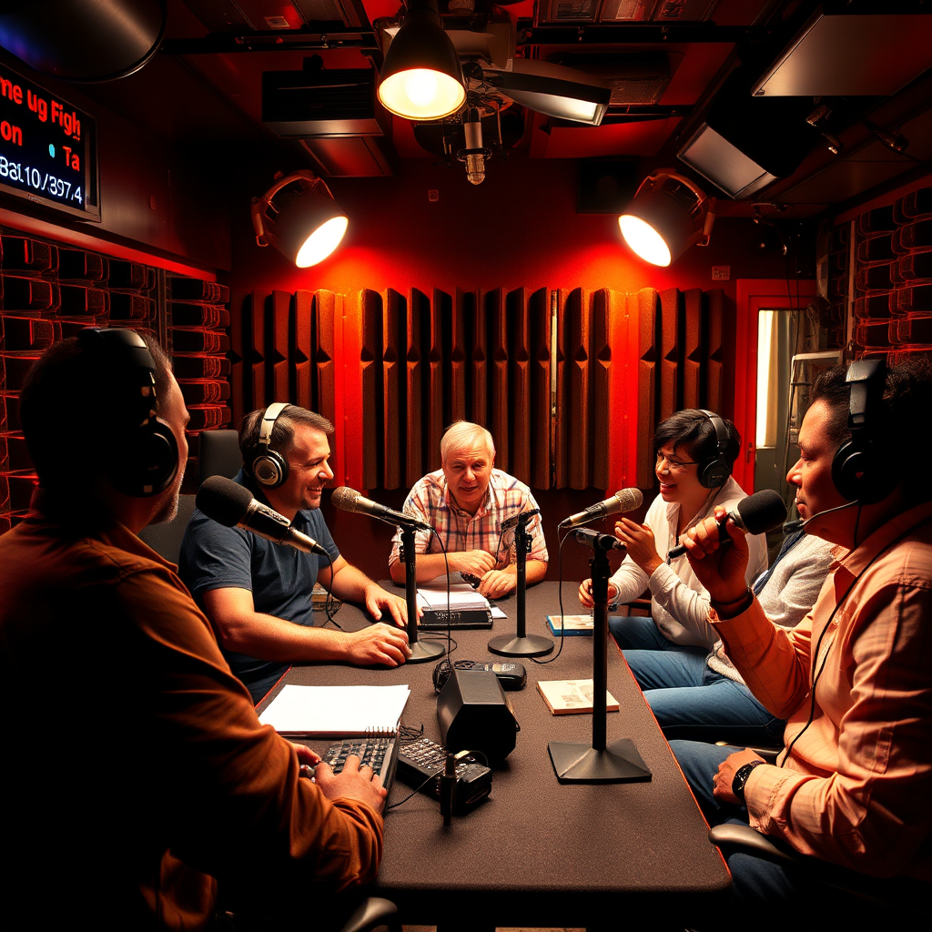 Create an image of a lively podcast recording session showcasing multiple hosts and guests passionately discussing wealth-building strategies. The studio should have an underground vibe with urban decor, microphones, and soundproof panels. Vibrant lighting should illuminate the scene, highlighting the energy of the discussion. Use rich, contrasting colors to create depth and emphasis on the participants. Ensure the image embodies the dynamic spirit of podcasting.