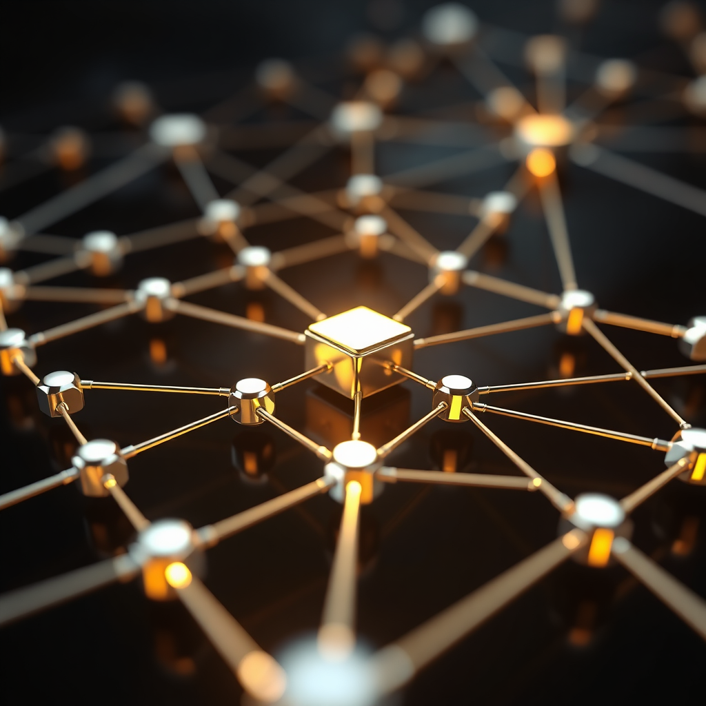 Create an image reflecting a blockchain network with nodes and connections represented visually. Use metallic and glowing elements to emphasize the technology and security functions of blockchain, set against a dark or neutral background.