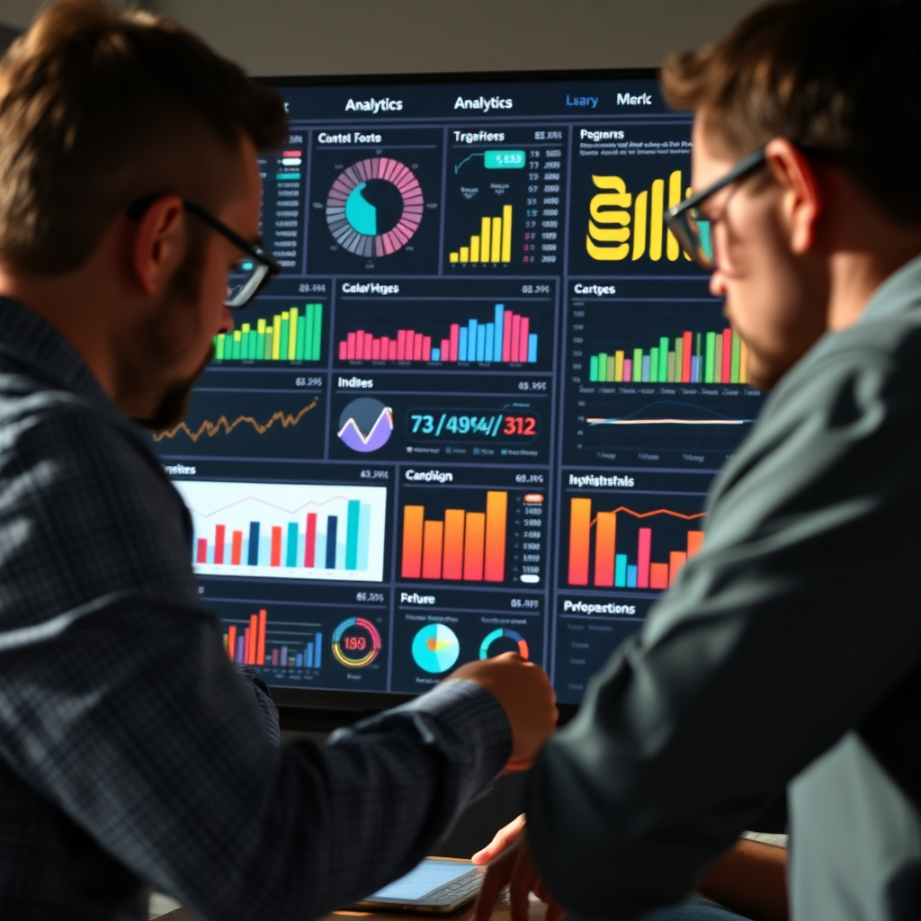 Create an image showcasing a digital analytics dashboard filled with graphs and insights. A client should be analyzing data while surrounded by team members, conveying a sense of collaboration and strategy. Use soft, natural lighting to create a productive atmosphere, and include tech-savvy stylings in the color palette. A close-up shot that emphasizes the data being reviewed should ensure clarity and high quality.