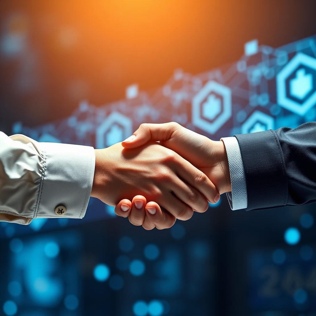 Create an image that captures the essence of trust in e-commerce through blockchain. Show a handshake between a manufacturer and a buyer, with digital blockchain visuals in the background. Bright, encouraging lighting should illuminate the handshake, symbolizing agreement and trust. An angled camera shot should focus on the hands while showcasing the digital elements surrounding them. The image should be photorealistic and in 8K resolution.