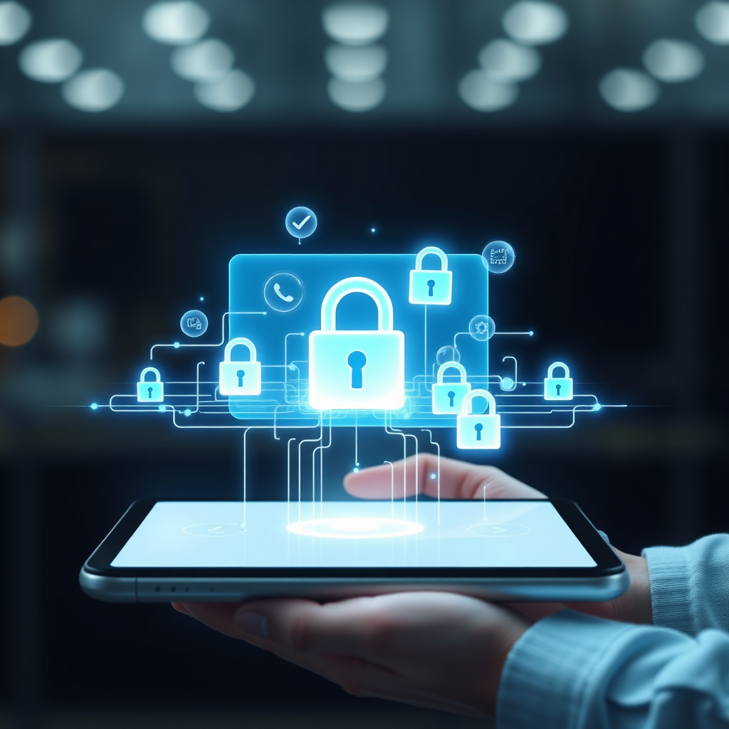 Create an image that depicts a transparent transaction process on a device with a clear view of how transactions are processed. Utilize white and blue colors to symbolize clarity and trust. The environment should feel digital and secure, with visual cues like digital locks or shields to represent security. Tech specs: photorealistic.