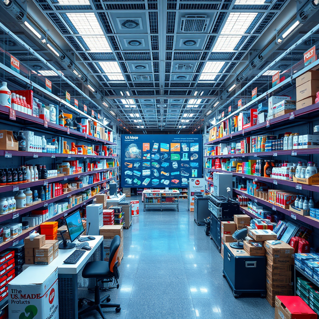 Create an image that showcases a vast online marketplace. Show an immersive digital interface demonstrating various categories of U.S.-made products available for businesses. Bright lighting and a clean layout should enhance usability. A wide-angle camera shot will capture the full extent of the marketplace. Ensure the image is rendered in high quality with a focus on clarity.