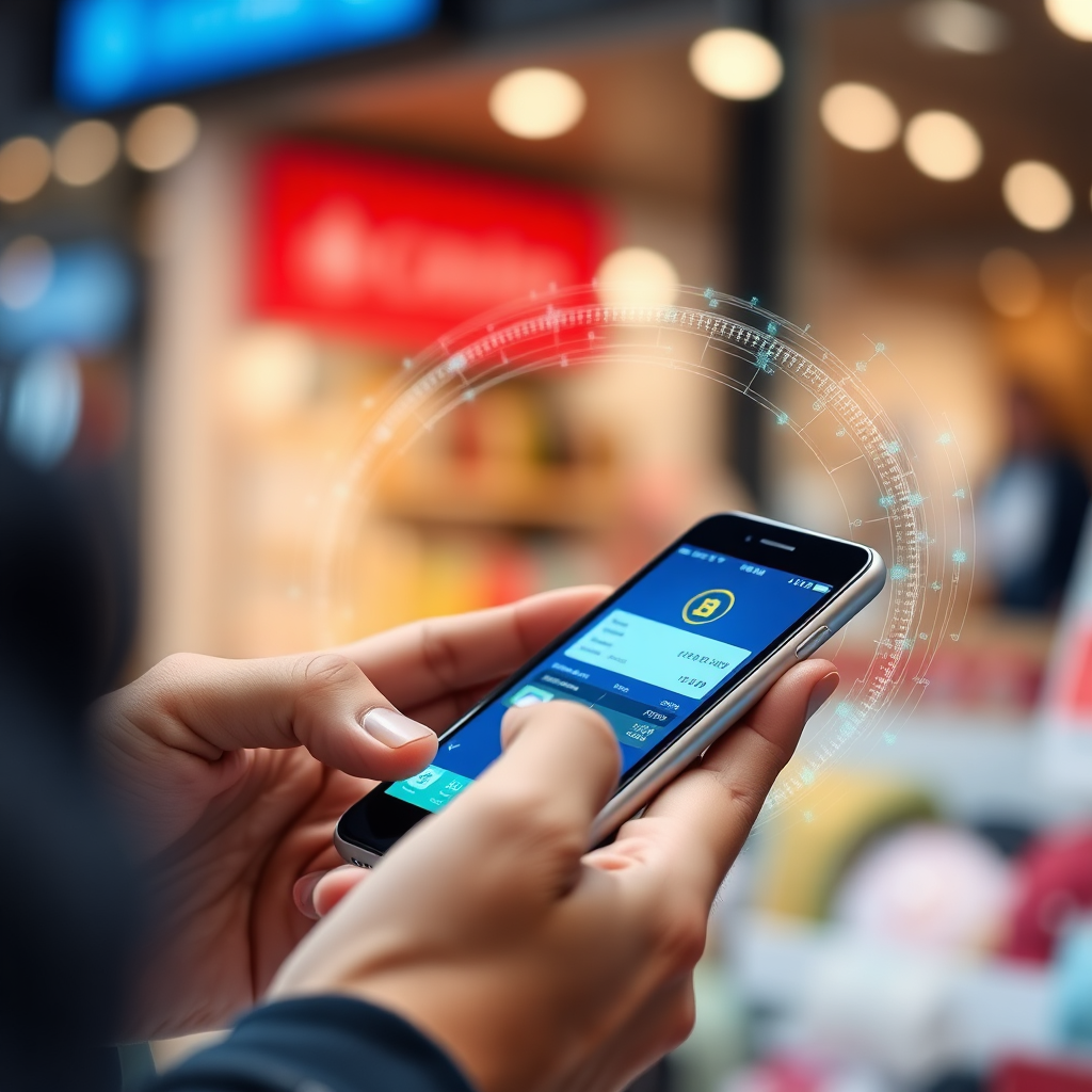 Create an image that showcases a customer making a purchase using their smartphone, with visible digital blockchain data swirling around. Use a close-up camera angle to focus on the transaction on the screen, utilizing bright colors to imply security and trust. Background elements should be slightly blurred, adding depth to the scene while emphasizing the transaction. Ensure quality presentation to illustrate the secure technology.