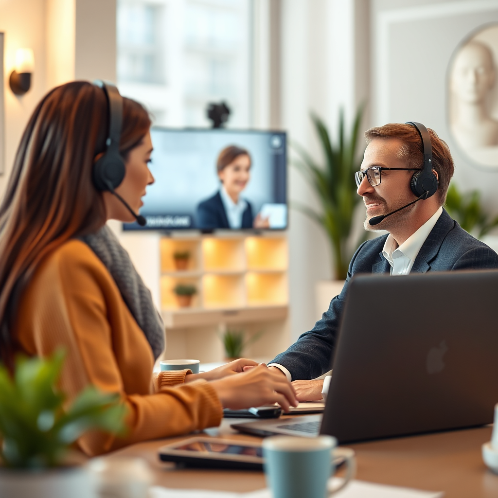 Create an inviting milieux showing a service agent assisting a customer through a video call, showcasing the personalized support offered to Ai Promo Network members. The scene should be bright with soft lighting, consider incorporating AI support visuals in the background, aiming for a photorealistic depiction that conveys professionalism and care.