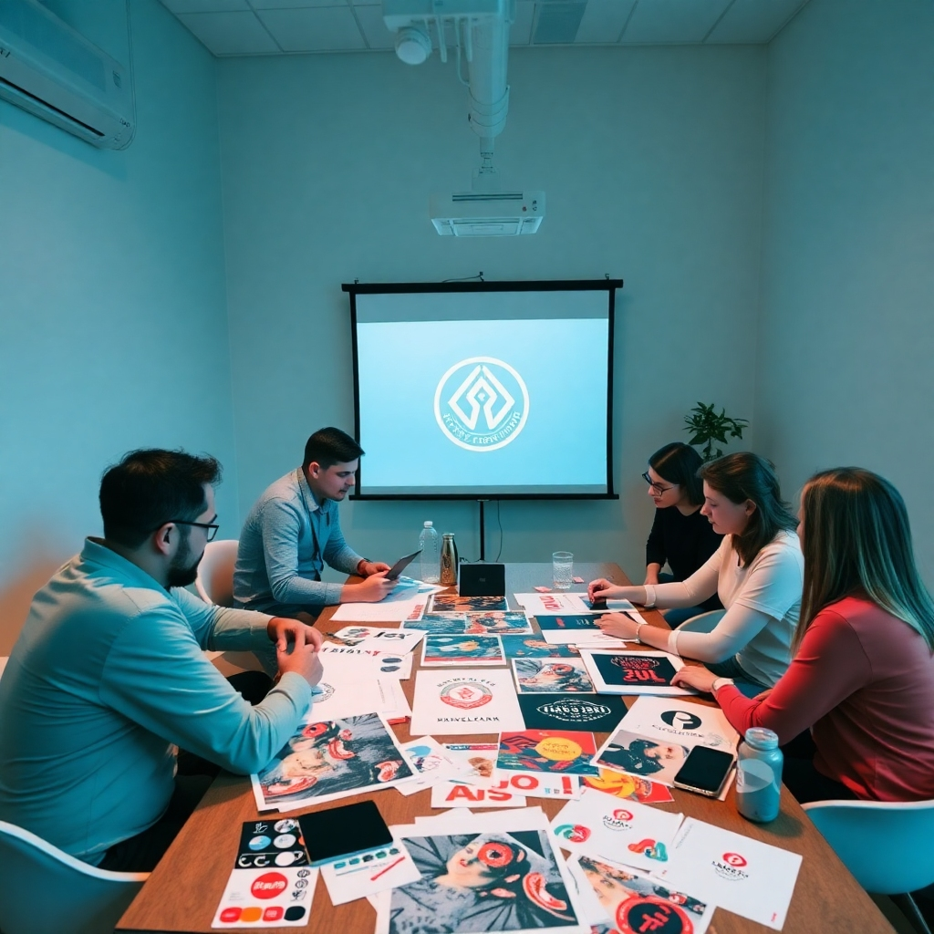 Creative branding strategies in action—pastors and designers collaborating over branding materials, mixed designs on the table, and a stylish logo projected on a screen in the background. The setting radiates creativity and passion.