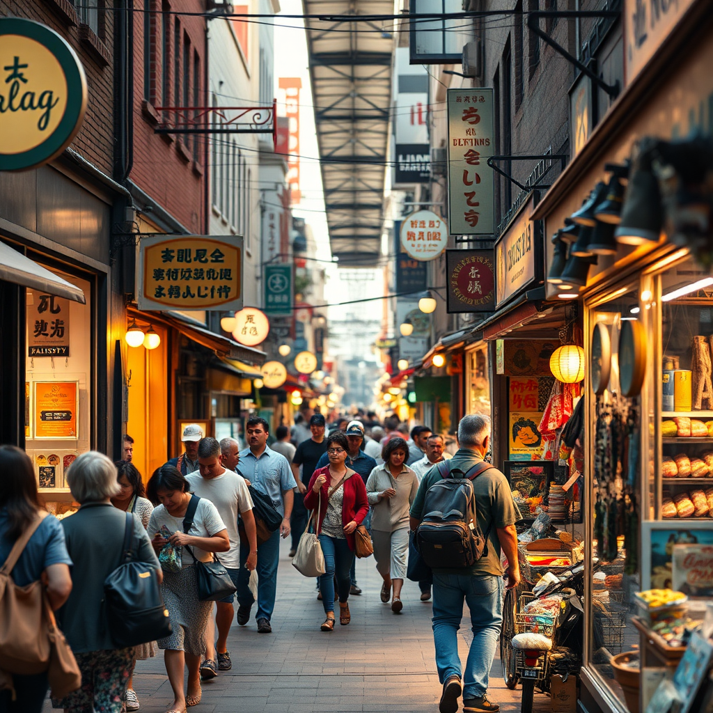 Depict a busy street filled with small businesses and community members shopping, creating a bustling economy scene. Focus on warm lighting to convey activity and engagement. Highlight textures in storefronts and products, showcasing the vibrancy of local commerce from an angled street view.