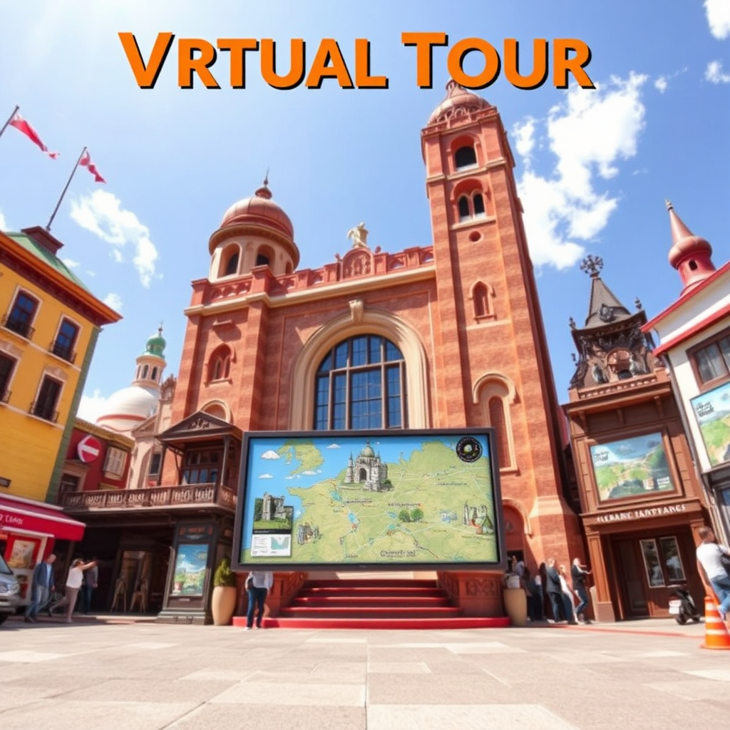 Depict a captivating virtual tour experience showcasing landmarks and hidden gems of the local area. Vibrant colors should illustrate the culture and history, while the lighting simulates a sunny day. Include elements like interactive screens and maps to suggest exploration. The perspective should be broad to capture the immersive feel, presented in high quality.