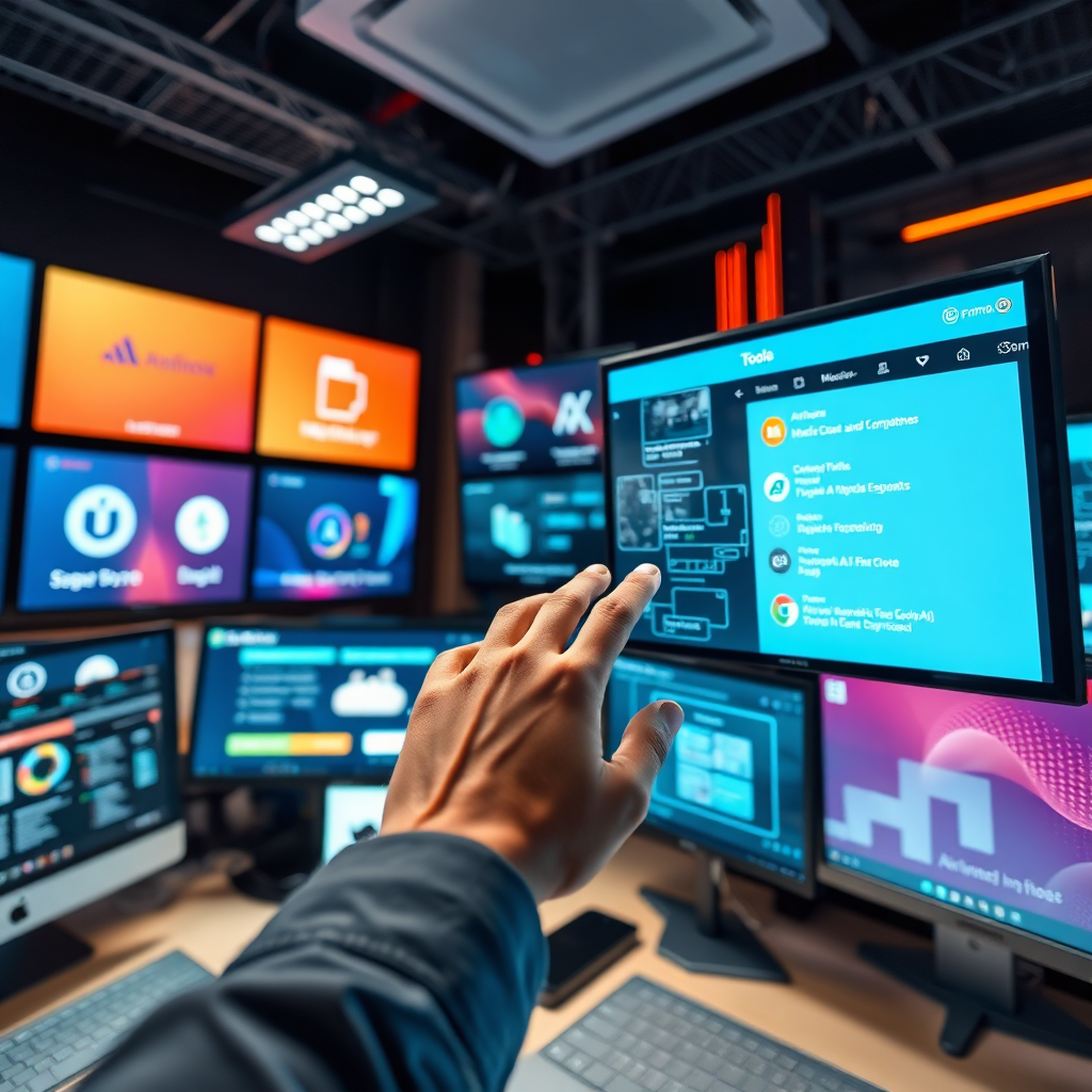Depict a digital workspace filled with screens displaying various AI tools and software available through the Ai Promo Network. The lighting should be sleek and modern, with a focus on vibrant colors that represent technology. Include details like a hand interacting with a touchscreen interface showing tools listed, encouraging a high-quality representation of an innovative workspace.