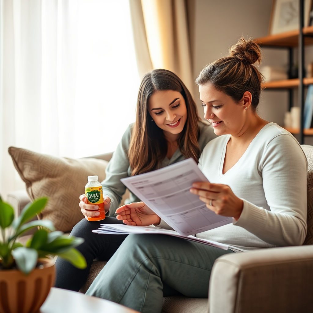 Depict a nutrition consultant reviewing a meal plan with a client, positioned in a cozy consultation room. Include FOYAH™ Drink prominently, symbolizing a healthy option in the plan. Soft, natural lighting should enhance the atmosphere of support and encouragement, with high-quality detail capturing the interaction and focus of both individuals.