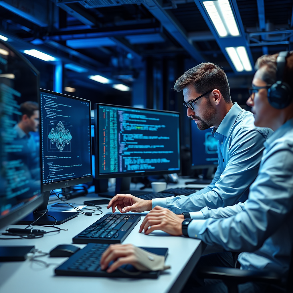 Depict a professional setting where IT experts are integrating blockchain solutions into a digital platform. The environment should be modern and tech-heavy, with screens displaying code and blockchain illustrations. Use blue tones and sleek textures to convey the technological sophistication of the work being done. A side angle shot can enhance the scene's depth and intention, while maintaining high resolution for detail.