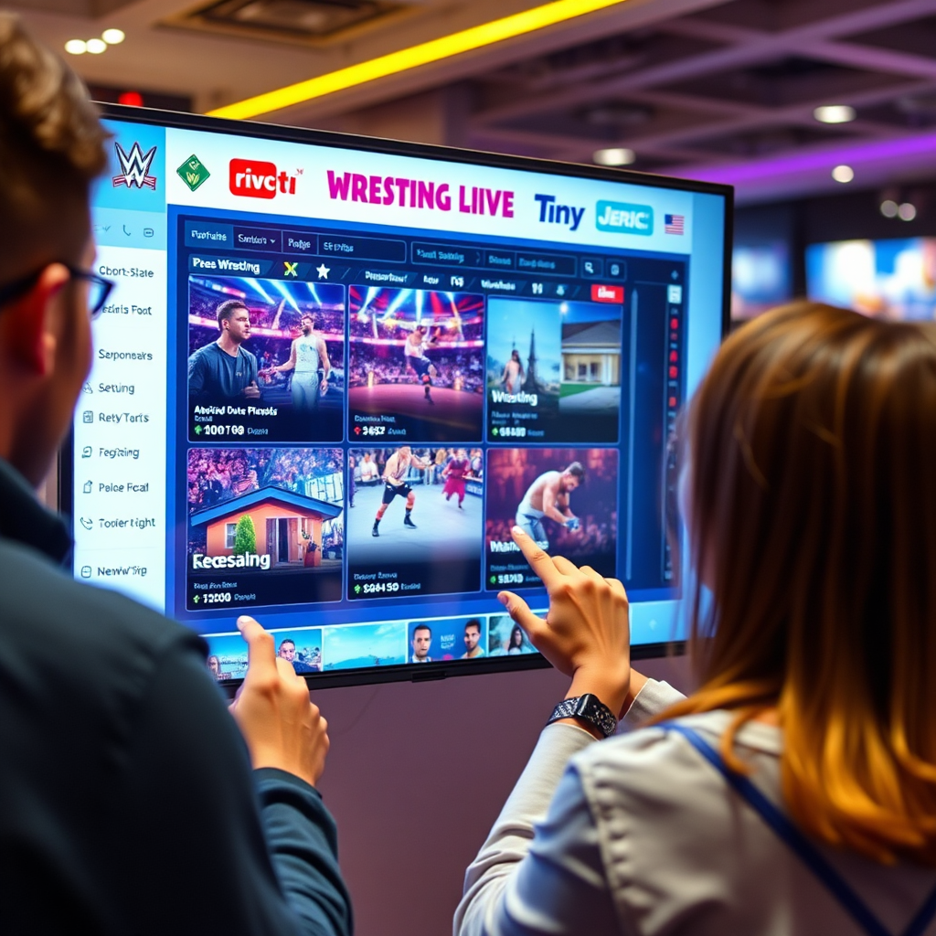 Depict a scene where users are exploring a digital interface that merges sports entertainment and real estate. Feature engaging graphics illustrating live wrestling events being shown alongside real estate offerings. Use a bright and energetic color scheme to reflect excitement. A side-angle shot will allow viewers to see the breadth of the setup while focusing on user engagement.