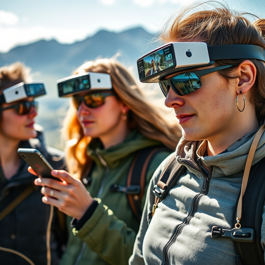 Depict a scenic outdoor adventure where users equipped with Nu-Vizn technologies receive real-time information about their surroundings. Use natural light to accentuate the beauty of the environment. Each user should have a focused expression, interacting with unique AR elements such as maps and digital companions. Capture the textures of nature alongside the sleek, modern aesthetic of the wearables, providing a stark contrast.