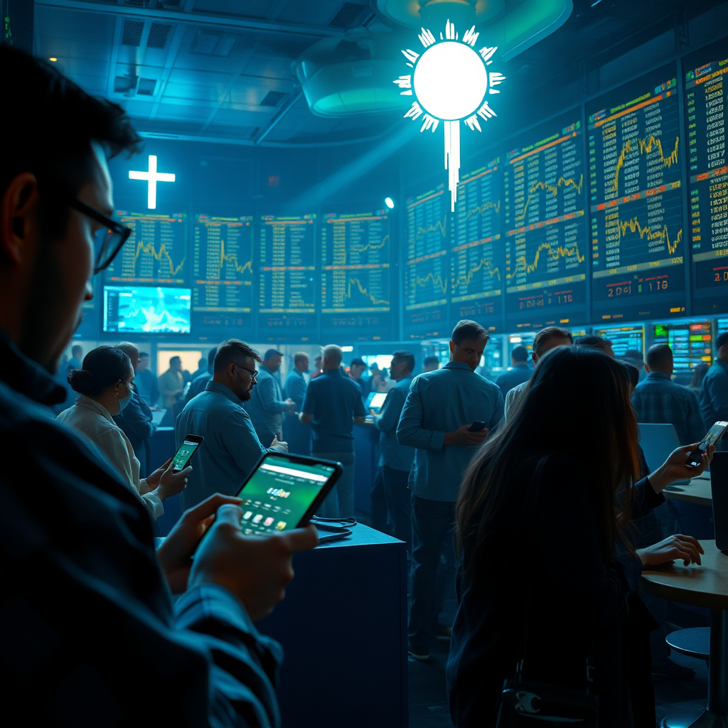 Depict a serene trading environment filled with individuals peacefully trading on their devices, surrounded by symbols of faith and unity such as light, community, and collaboration. The lighting should be calming, with colors that evoke tranquility and assurance, making it an inspiring sight for viewers. Tech specs: photorealistic.