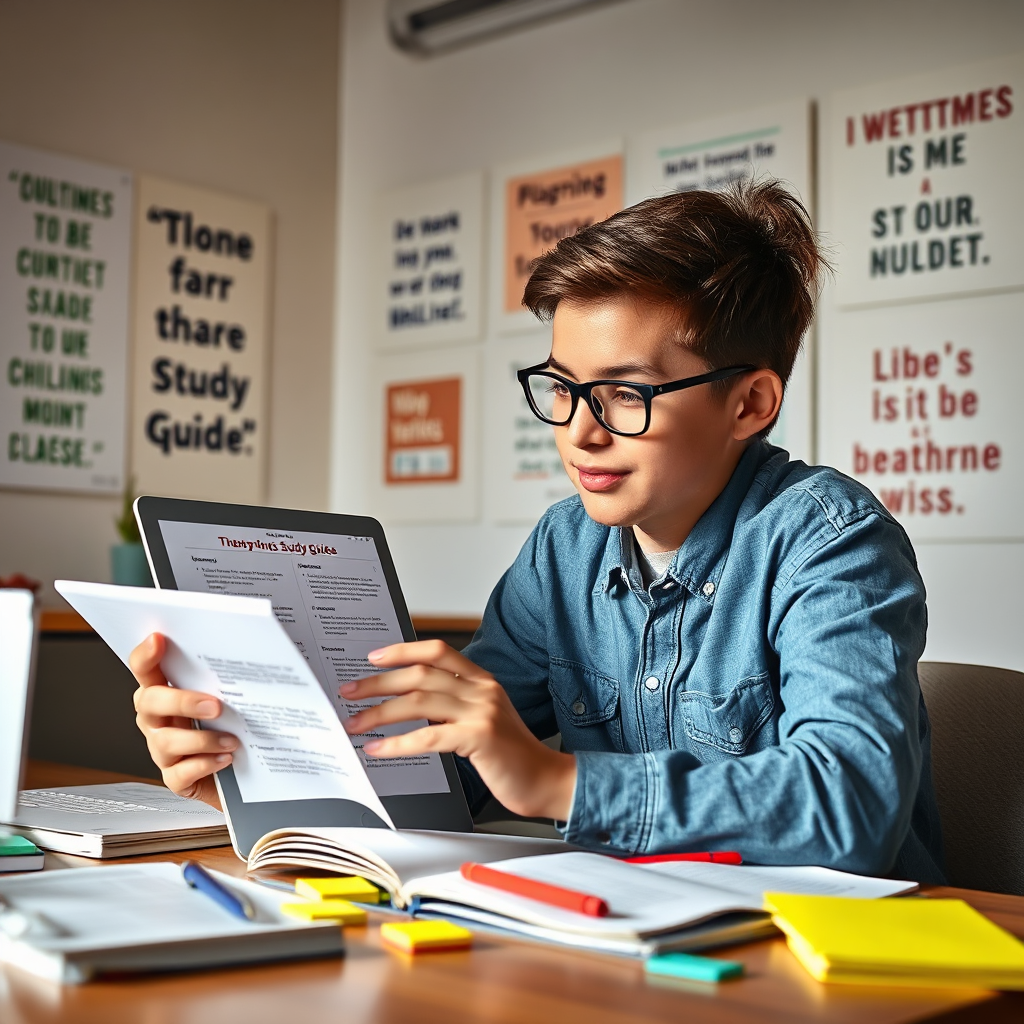 Depict a student collaborating with a digital study guide filled with outlines and interactive quizzes. The surrounding environment should echo a contemporary, vibrant study space with inspirational quotes on the walls. Ensure the lighting is bright yet soft, encouraging focus and creativity. The mood should be one of enthusiasm for learning with various props like notebooks and sticky notes present.